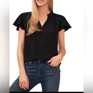 CeCe Blouse, XS, Black, Flutter Sleeve, V Neck, NWT, Garden Romance